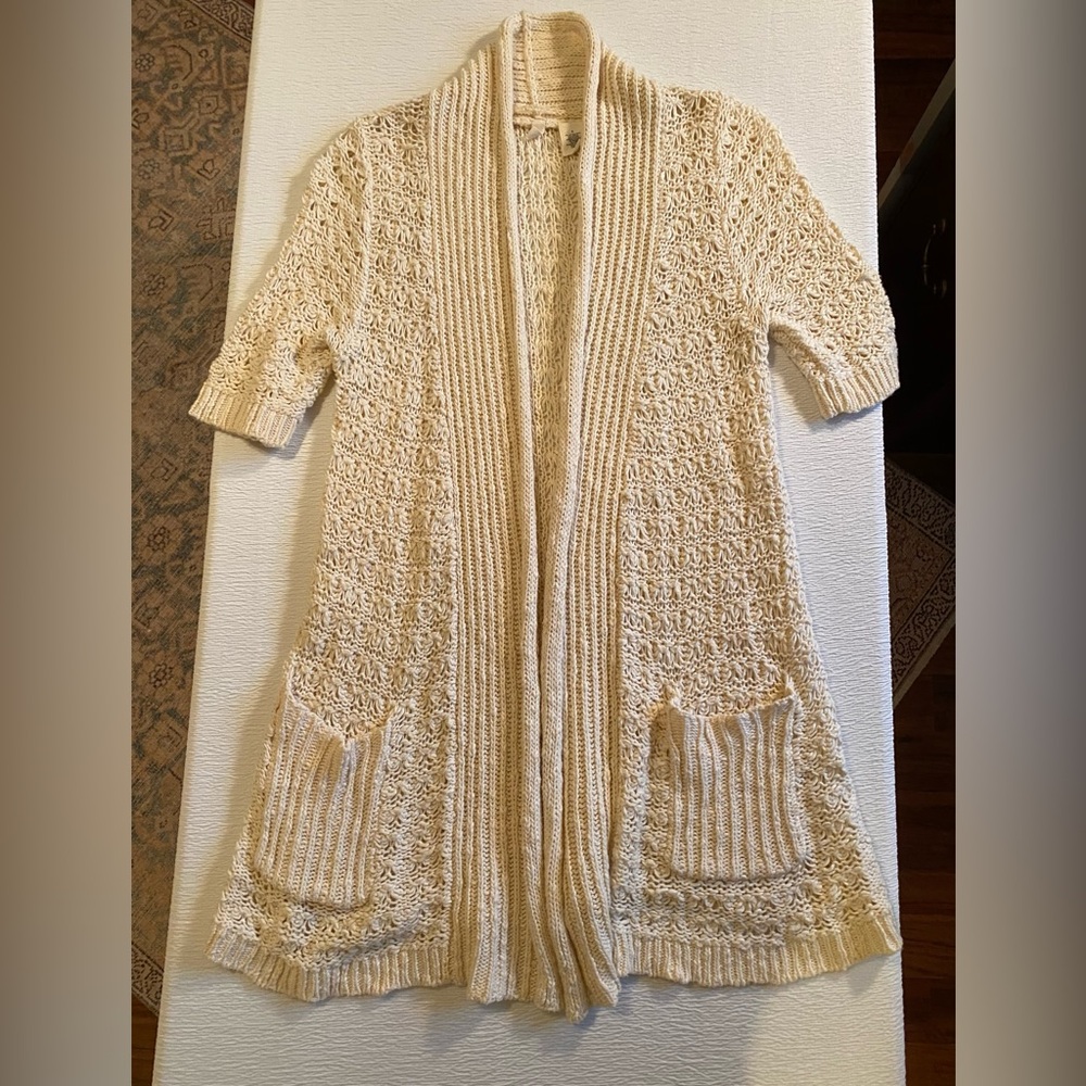 Moth by Anthropologie Cream Short Sleeve Crochet Midi Cardigan w/Pockets Small
